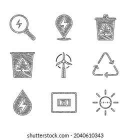 Ajuste turbina eólica, toma eléctrica, panel de energía solar, símbolo de reciclaje, agua, con reciclado e icono de perno relámpago. Vector