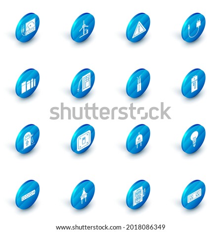 Set Wind turbine, Exclamation mark triangle, Charger, Battery, Electric car charging station,  and cable icon. Vector