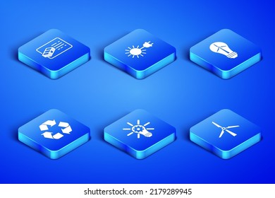 Set Wind turbine, Financial document, Light bulb with gear, Recycle symbol, Sun electric plug and wind icon. Vector