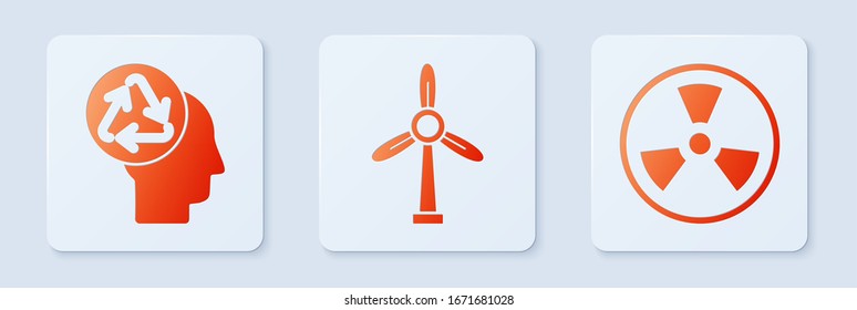 Set Wind turbine, Human head with recycle and Radioactive. White square button. Vector