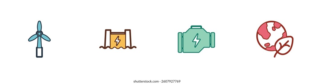 Set Wind turbine, Hydroelectric dam, Check engine and Earth globe and leaf icon. Vector