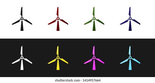 Set Wind turbine icon isolated on black and white background. Wind generator sign. Windmill silhouette. Windmill for electric power production. Vector Illustration