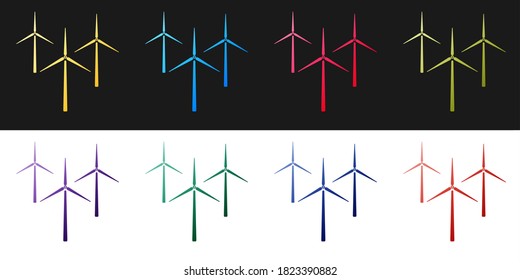 Ajuste el icono de la turbina eólica aislado en fondo blanco y negro. Signo del generador de viento. Silhouette de molino de viento. Molinos de viento para la producción de energía eléctrica. Vector.