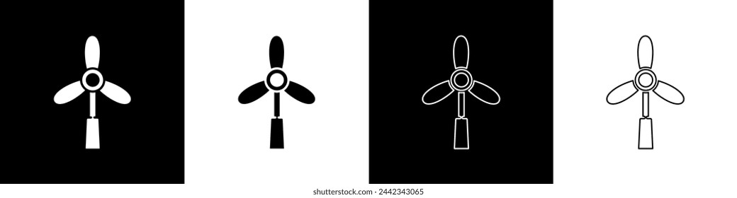 Set Wind turbine icon isolated on black and white background. Wind generator sign. Windmill for electric power production.  Vector Illustration