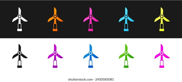 Set Wind turbine icon isolated on black and white background. Wind generator sign. Windmill for electric power production.  Vector