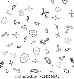 Set Wind turbine, Leaf Eco symbol, Light bulb with leaf and Recycle symbol inside shield on seamless pattern. Vector
