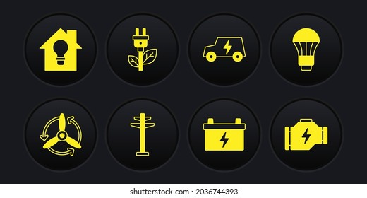 Set Wind turbine, LED light bulb, Electric tower, Car battery, car, saving plug leaf, Check engine and Smart house and icon. Vector
