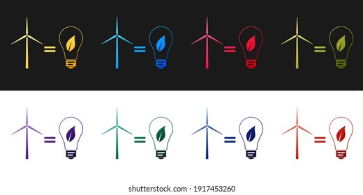 Set Wind turbine and light bulb with leaves as idea of eco-friendly source of energy icon isolated on black and white background. Vector.