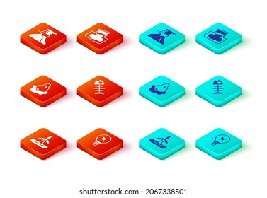 Set Wind turbine, Light bulb with leaf, Glacier melting, Dead fish, Barrel oil leak and Volcano eruption lava icon. Vector