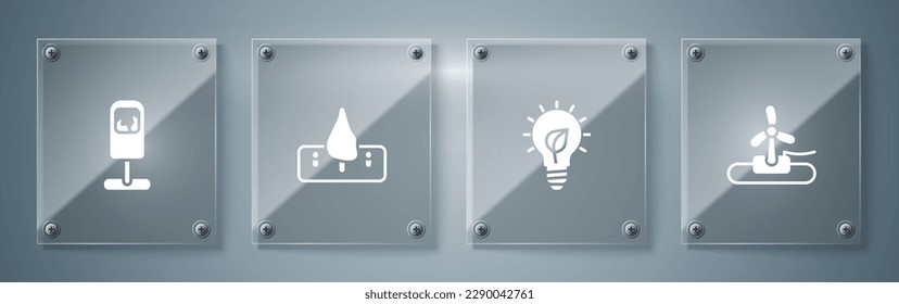 Set Wind turbine, Light bulb with leaf, Deforestation and Trash can. Square glass panels. Vector