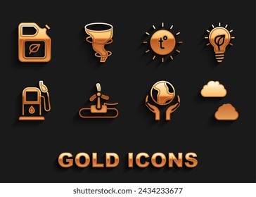 Set Wind turbine, Light bulb with leaf, Cloud, Hands holding Earth globe, Petrol or gas station, Sun, Bio fuel canister and Tornado icon. Vector