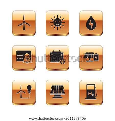 Set Wind turbine, Light bulb with wind, Solar energy panel, Car battery recycle, Certificate template, Water, Hydrogen filling station and Cute sun smile icon. Vector