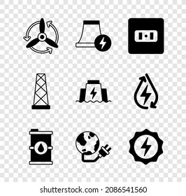 Turbina eólica, central nuclear, toma eléctrica, barril de combustible Bio, planeta de energía global, relámpago, antena e icono de la presa hidroeléctrica. Vector