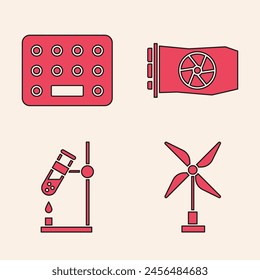 Set Wind turbine, Pills in blister pack, Video graphic card and Test tube flask on fire icon. Vector