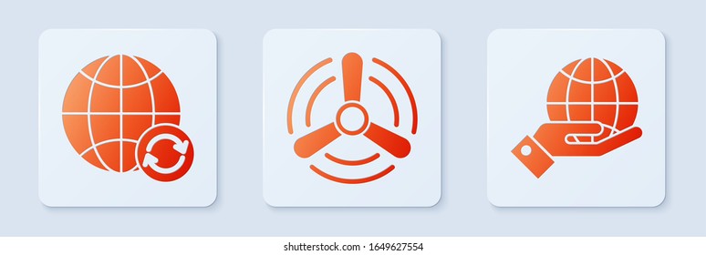 Set Wind turbine, Planet earth and a recycling and Human hands holding Earth globe. White square button. Vector