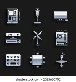 Set Wind turbine, Processor with microcircuits CPU, UAV Drone, Motherboard, Pills blister pack, Motion sensor, Smart Tv and Graphic tablet icon. Vector