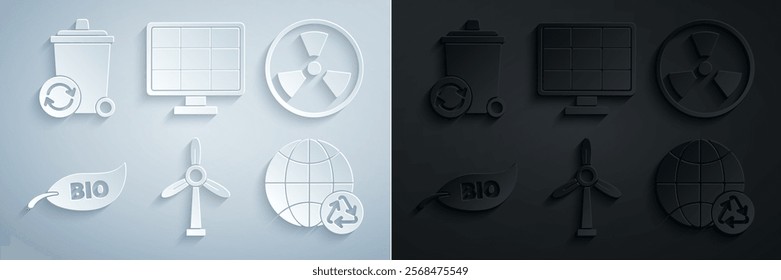 Set Wind turbine, Radioactive, Leaf Bio symbol, Planet earth and recycling, Solar energy panel and Recycle with recycle icon. Vector