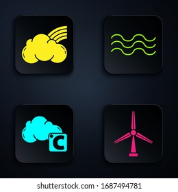 Set Wind turbine, Rainbow with clouds, Celsius and cloud and Waves. Black square button. Vector