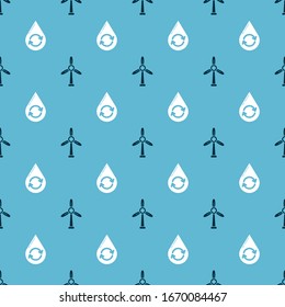 Ajuste la turbina eólica y el agua limpia de reciclaje en un patrón transparente. Vector
