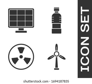 Set Wind turbine, Solar energy panel, Radioactive and Bottle of water icon. Vector