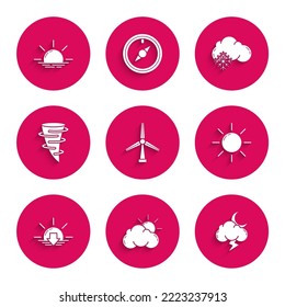 Set Wind Turbine, Sun And Cloud Weather, Storm, Sunset, Tornado, Cloud With Snow And Sunrise Icon. Vector