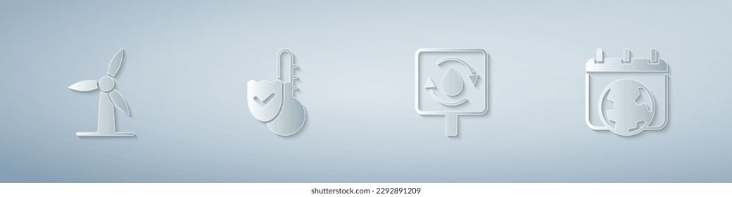 Set Wind turbine, Thermometer, Recycle clean aqua and World Earth day. Paper art style. Vector