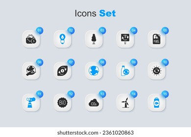 Set Wind turbine, Water energy, Light bulb with leaf, CO2 emissions cloud, Eco nature battery, Solar panel, mill and Earth globe icon. Vector