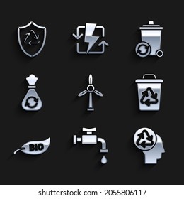 Set Wind turbine, Water tap, Human head with recycle, Recycle symbol, Leaf Bio, Garbage bag,  and inside shield icon. Vector