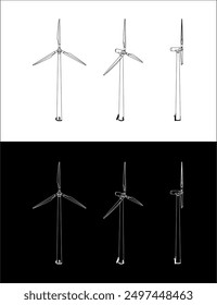  set wind turbine or windmill blueprint. line drawing of wind farm, renewable energy wind turbines illustration line art vector 