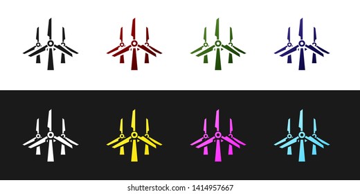 Set Wind turbines icon isolated on black and white background. Wind generator sign. Windmill silhouette. Windmills for electric power production. Vector Illustration