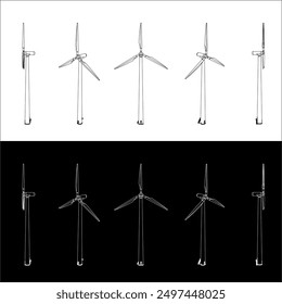  set wind turbines or windmill line blueprint to represent wind energy or Wind power . Vector illustration design for sustainable energy and eco friendly