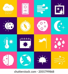 Set Wind, Water drop, Moon and stars, Compass, Eclipse of the sun, Cloud with rain and  icon. Vector