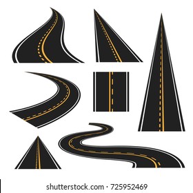 Conjunto de caminos sinuosos y con vistas panorámicas de carreteras y autopistas. Elementos de diseño vectorial aislados.