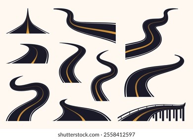 Set of winding road element templates. Creative vector symbol isolated in white background.