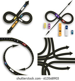 A set of winding roads with arrows pointing directions. Movement of vehicles. Cars. Vector illustration