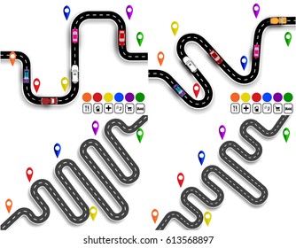 Set of winding roads with signs. Movement of vehicles. The path is indicated by the navigator. Vector illustration