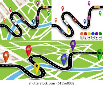 Set of winding roads with signs. On the map of the city and without. Movement of vehicles. The path is indicated by the navigator. Vector illustration