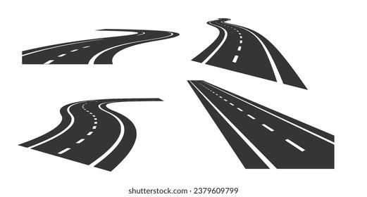 set of winding roads with white markings. Vector illustration isolated on white background. 