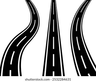 Conjunto de caminos sinuosos con marcas blancas. Ilustración vectorial aislada sobre fondo blanco.