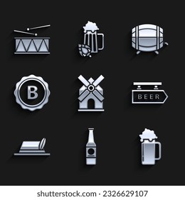 Set Windmill, Beer bottle, Glass of beer, Street signboard with inscription, Oktoberfest hat, Bottle cap, Wooden barrel rack stopcock and Musical instrument drum and drum sticks icon. Vector