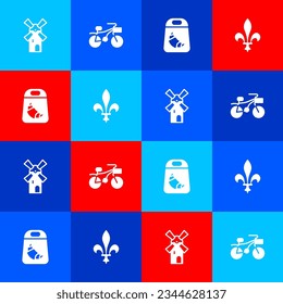 Set Windmill, Bicycle, Croissant package and Fleur De Lys icon. Vector