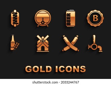 Set Windmill, Bottle cap with inscription beer, Beer tap, Crossed sausage, bottle, can, Hotdog sandwich mustard and Wooden barrel rack stopcock icon. Vector