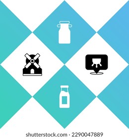 Set Windmill, Bottle with milk, Can container for and Udder icon. Vector
