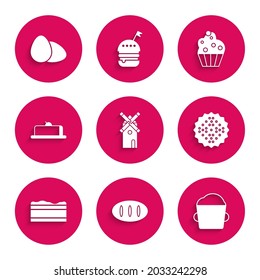 Set Windmill, Bread loaf, Bakery bowl dough, Cracker biscuit, Brownie chocolate cake, Strawberry cheesecake slice, Cupcake and Chicken egg icon. Vector