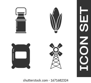 Set Windmill, Can container for milk, Bag of flour and Corn icon. Vector