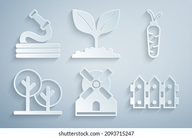 Set Windmill, Carrot, Tree, Garden fence wooden, Plant and hose icon. Vector