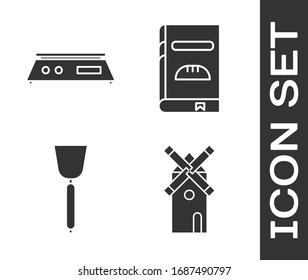 Set Windmühle , Elektronische Waagen , Spatula und Cookbook Symbol. Vektorillustration