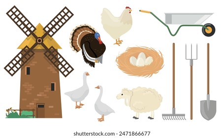 Set of windmill and farm elements in cartoon style. Vector illustration of mill, animals, birds: turkey, chickens, sheep, geese, nest with eggs, wheelbarrow, rake, shovel isolated on white background.