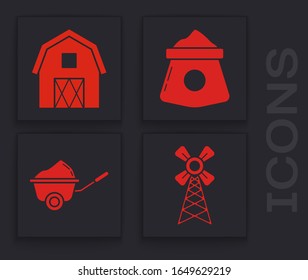 Monte el molino de viento, el concepto de la casa de granja, la bolsa de harina y la flecha de ruedas con el icono de suciedad. Vector