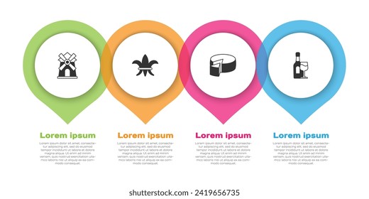 Set Windmill, Fleur De Lys, Cheese and Wine bottle with glass. Business infographic template. Vector